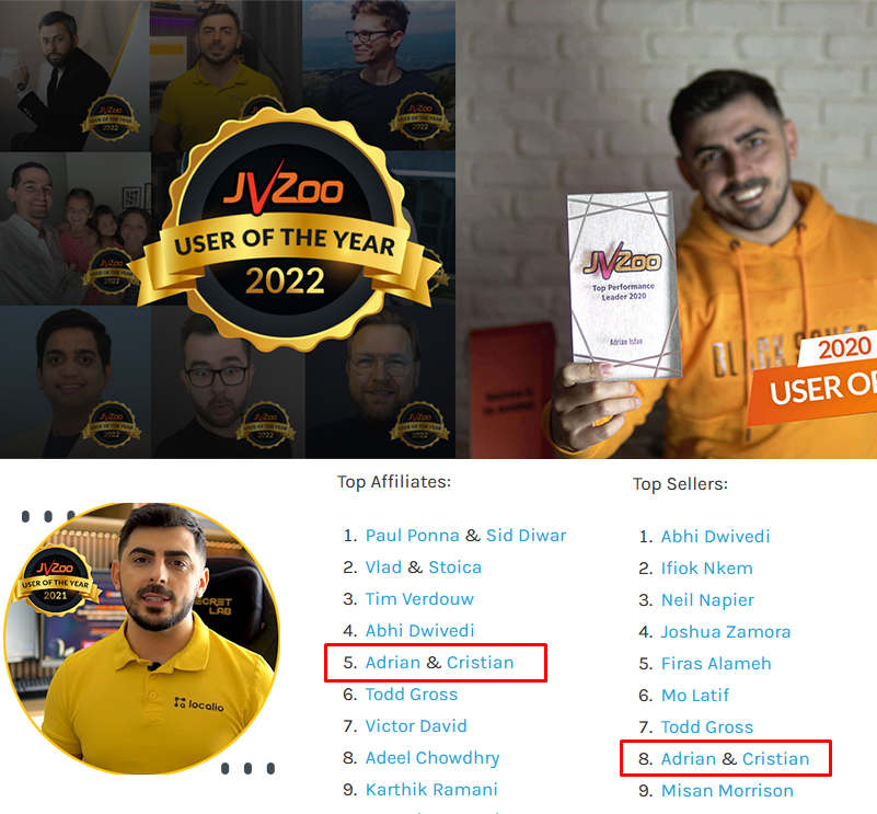 JVZoo User of the Year 2022 - Adrian Isfan Top Affiliate